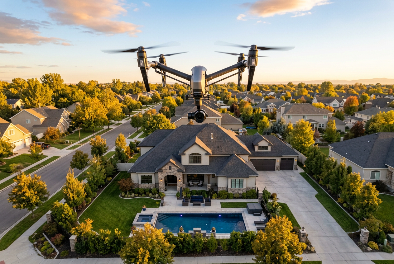 Real Estate Drone Photography: A Complete Guide for Agents — drone hovering over a home in golden-hour light