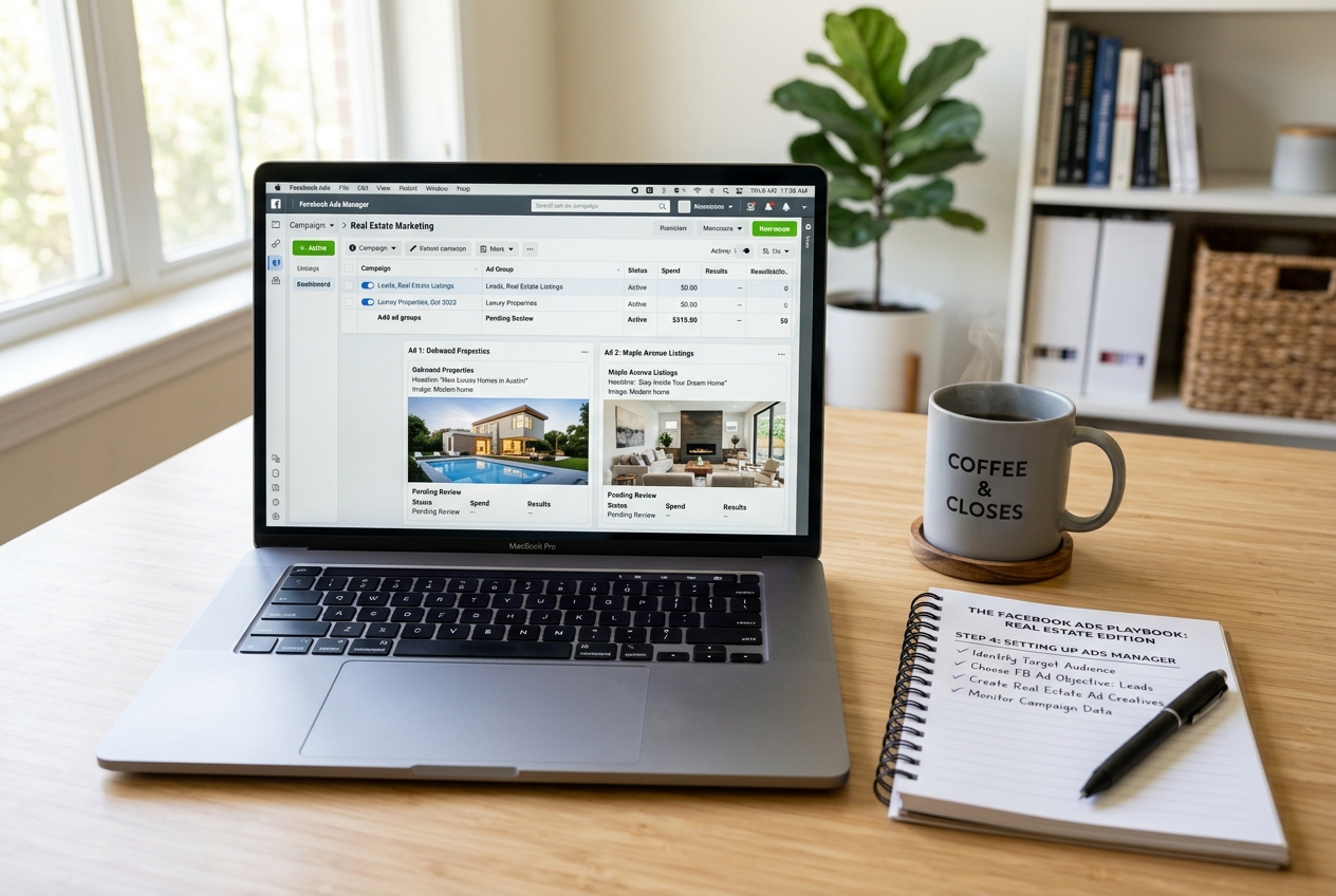 Laptop showing a Facebook Ads campaign dashboard beside a real estate step-by-step playbook notepad on a desk.