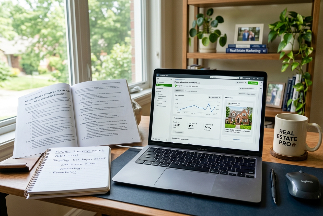 Laptop showing Facebook Ads Manager dashboard beside a real estate step-by-step playbook on a tidy desk