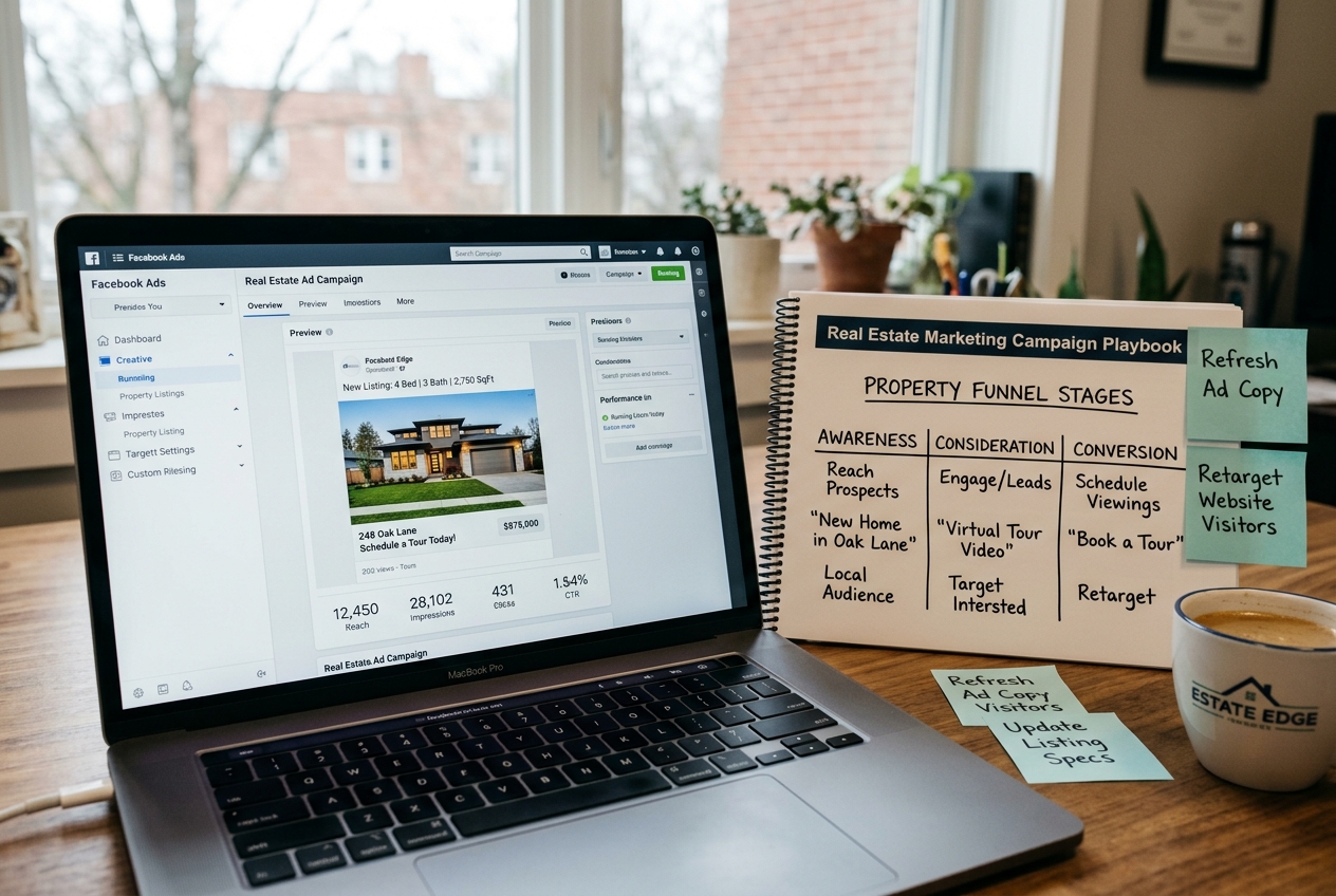 Laptop showing a real estate Facebook Ads dashboard beside a printed step-by-step playbook with funnel budget notes