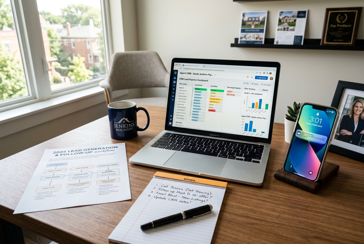 Organized real estate desk with CRM dashboard and workflow notes for Real Estate Lead Generation: 15 Proven Tactics for 2026