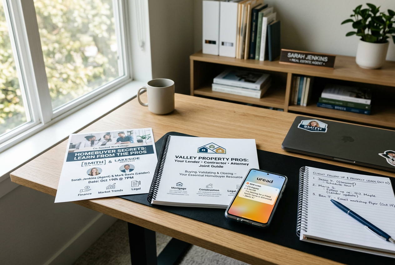 Desk setup showing partnership materials and fast follow-up tools for Real Estate Lead Generation: 15 Proven Tactics for 2026