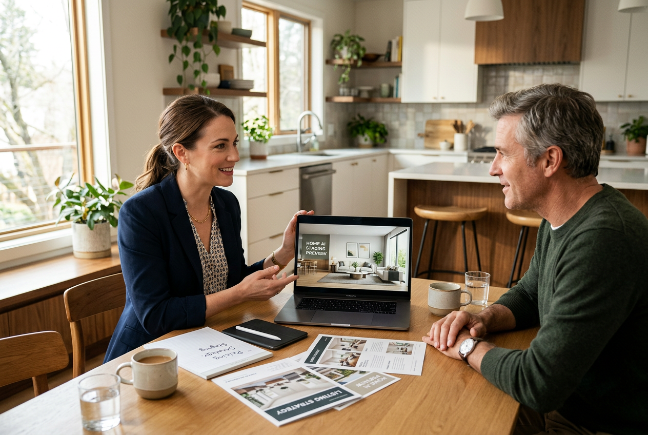Agent presenting AI staging preview to seller — Real Estate Lead Generation: 15 Proven Tactics for 2026