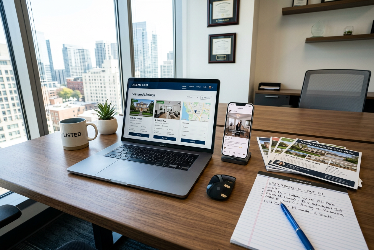 Organized real estate desk with laptop, phone, and listing flyers illustrating Real Estate Lead Generation: 15 Proven Tactics for 2026
