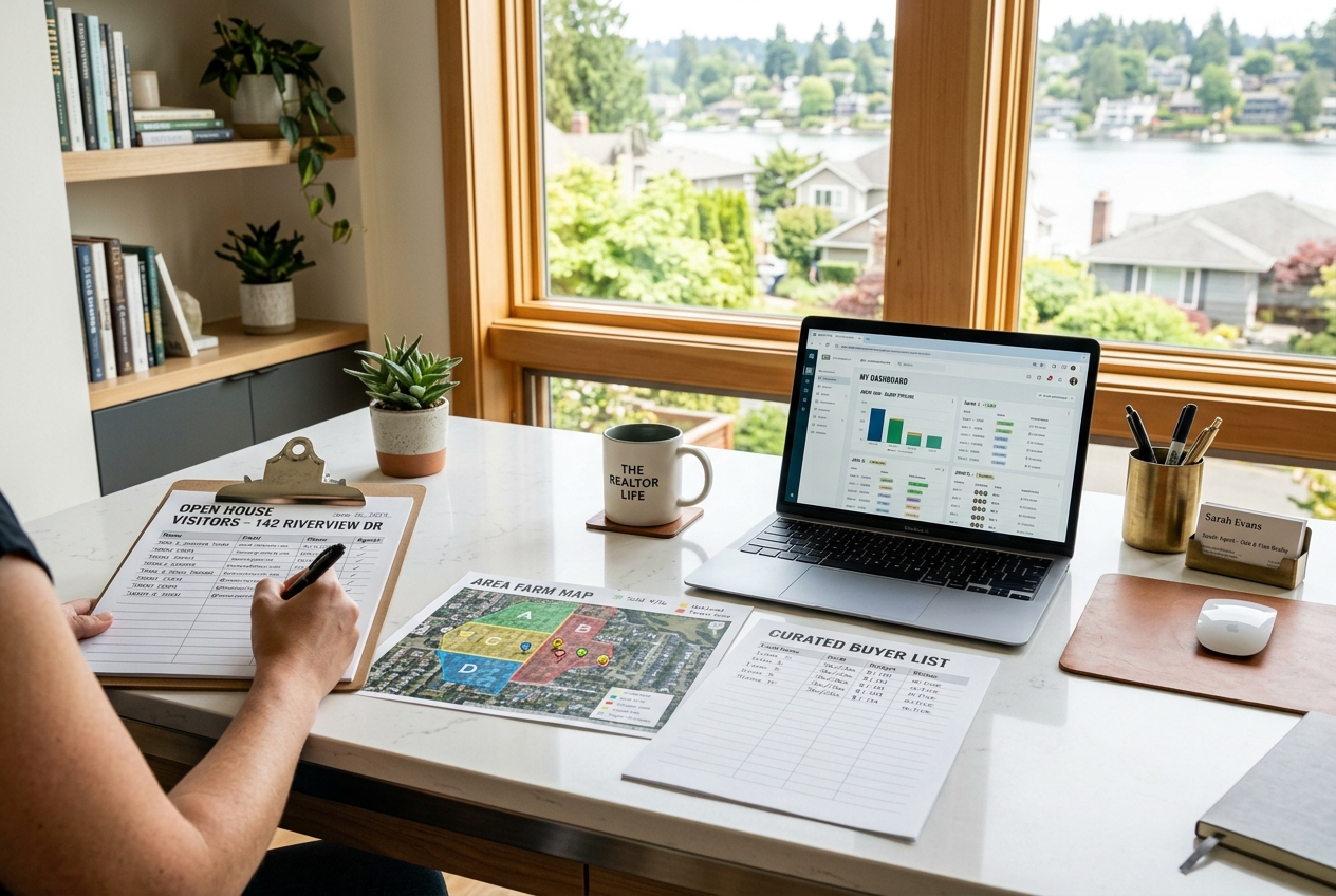 Organized real estate desk with buyer list, farm map, and CRM — Real Estate Lead Generation: 15 Proven Tactics for 2026