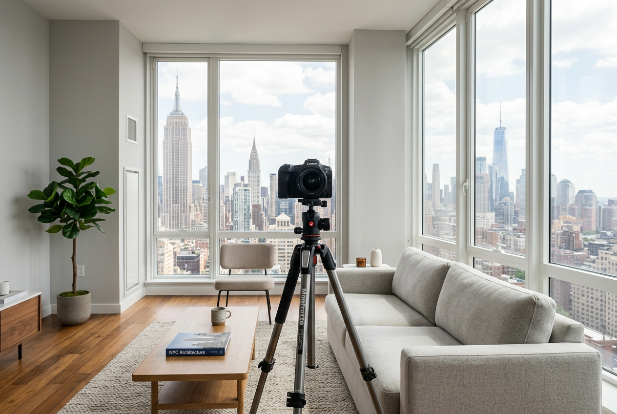 Camera on tripod set up in NYC apartment — Real Estate Photographers in New York City: Directory & Pricing
