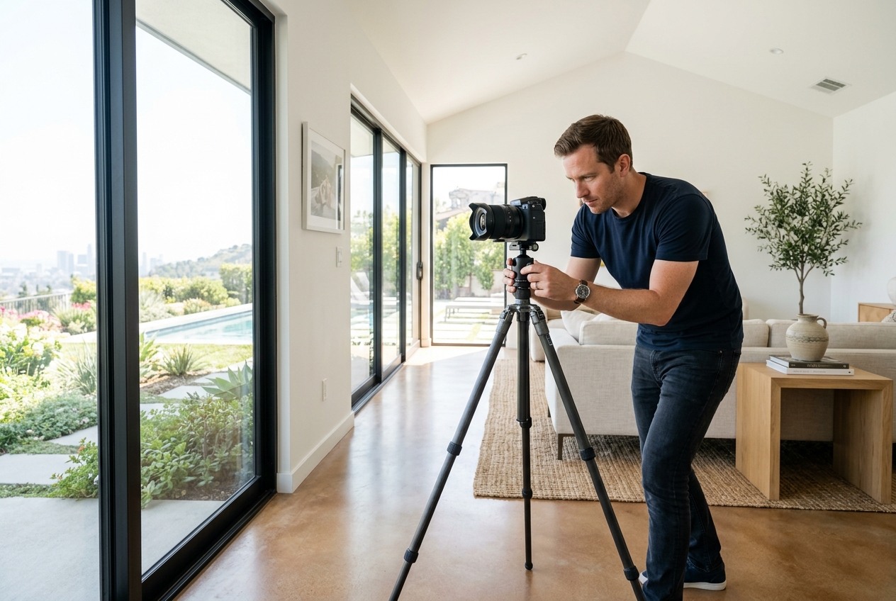 Best Real Estate Photographers in Los Angeles (2026) setting up a camera in a modern LA home with natural light