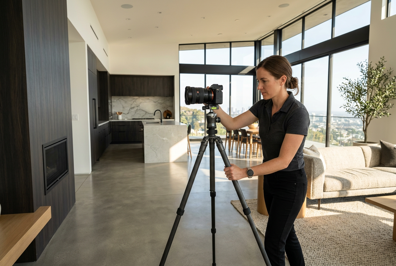 Best Real Estate Photographers in Los Angeles (2026) capturing a modern LA living room with professional camera equipment and natural light.