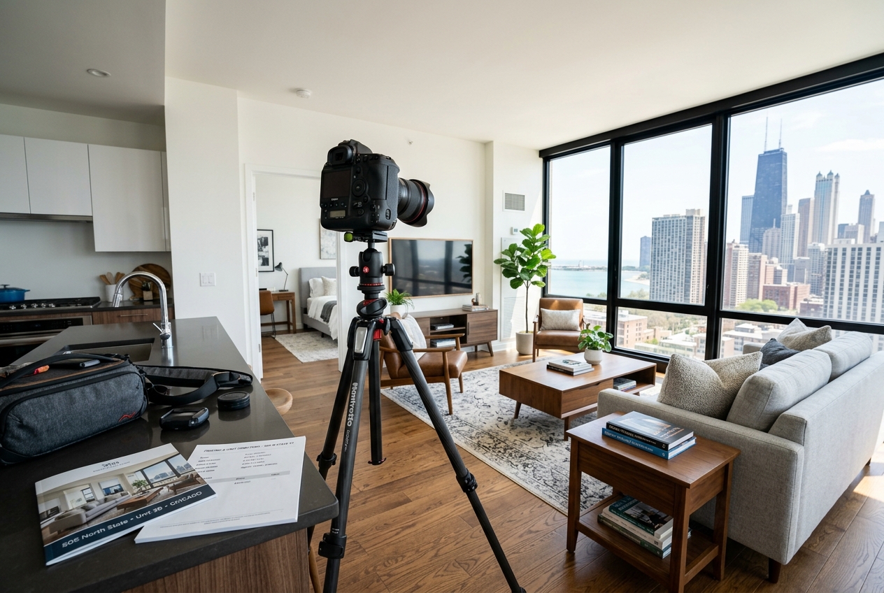 Real Estate Photographers in Chicago: Directory & Pricing — camera on tripod inside a staged Chicago condo with city-view windows