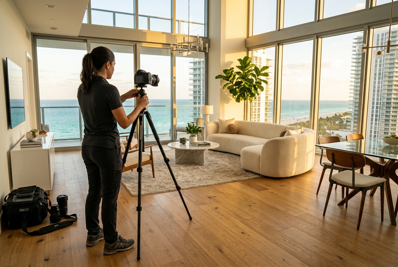 Real Estate Photographers in Miami: Directory & Pricing — pro photographer setting up camera in a sunlit Miami condo