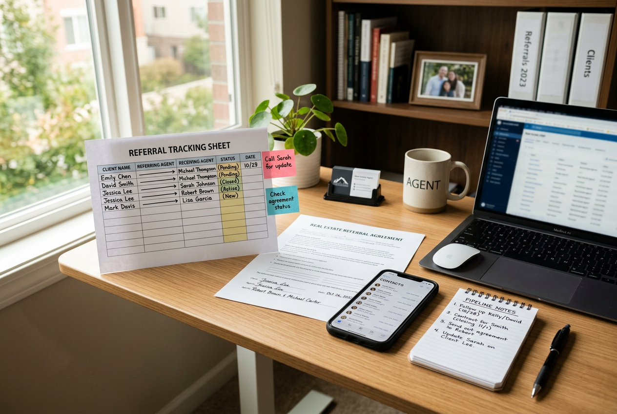 Organized desk showing how real estate referral agents work with tracking sheets, referral agreements, and client contact notes
