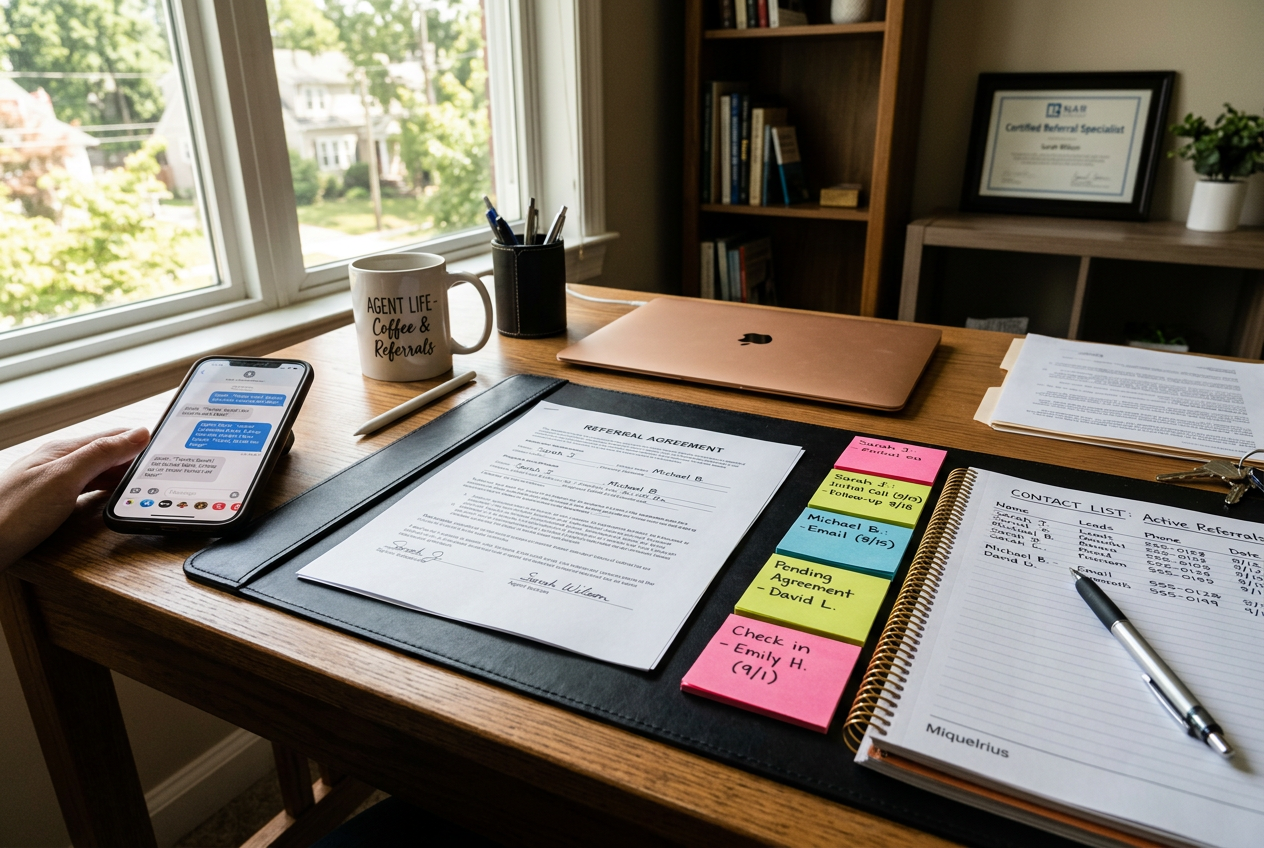 Referral agent desk with printed agreements and contact tracking notes — how real estate referral agents work