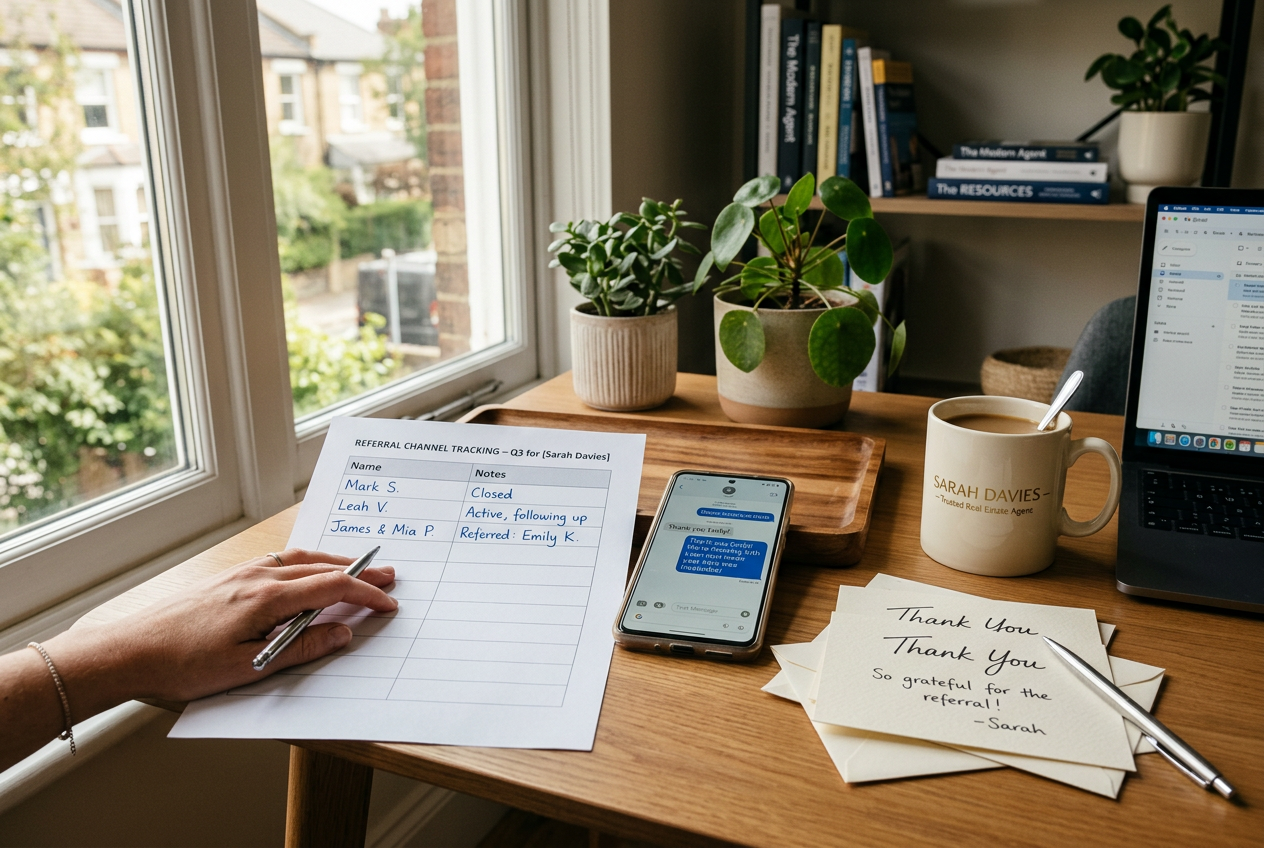Desk with referral contact list and thank-you cards showing how real estate referral agents work to stay top of mind