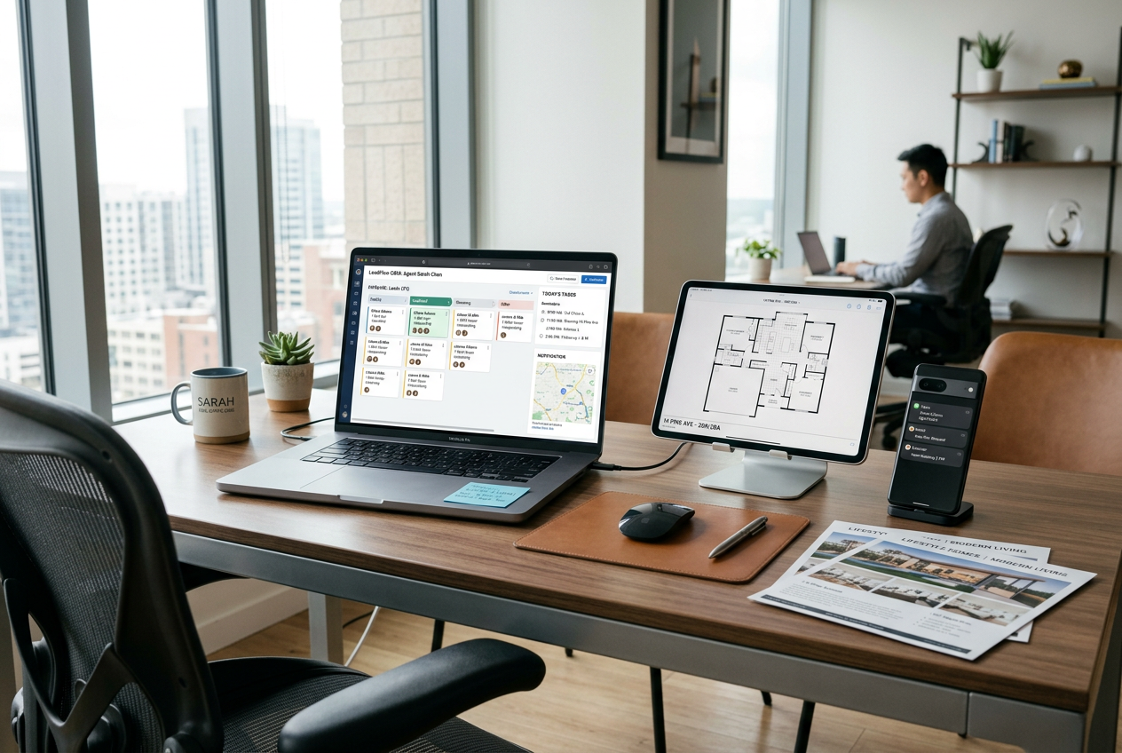 Agent desk with CRM dashboard, floor plan tablet, and listing flyers — best real estate tools for agents in 2026