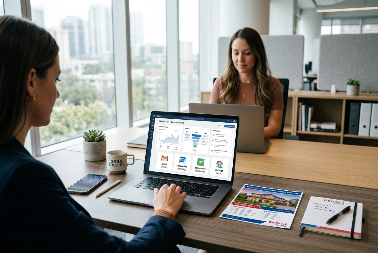 Best Real Estate Tools for Agents shown as a modern agent desk with CRM dashboard, listing flyer, and connected digital tools