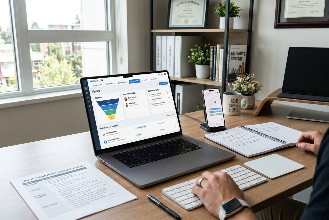 Best Real Estate Tools for Agents displayed as an organized 2026 agent desk with CRM dashboard and integration checklist