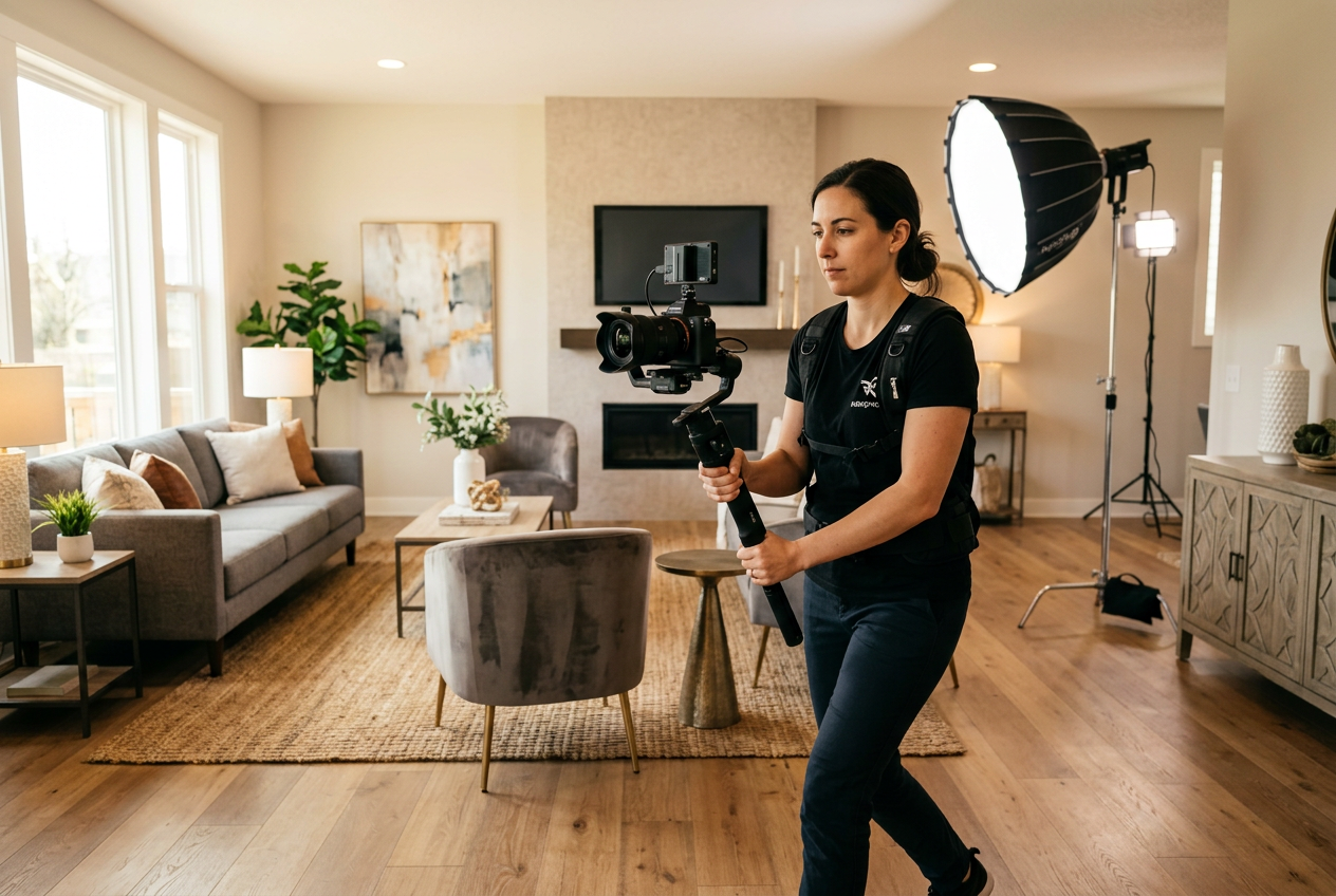 Videographer using a gimbal stabilizer during a real estate videography shoot inside a staged home listing