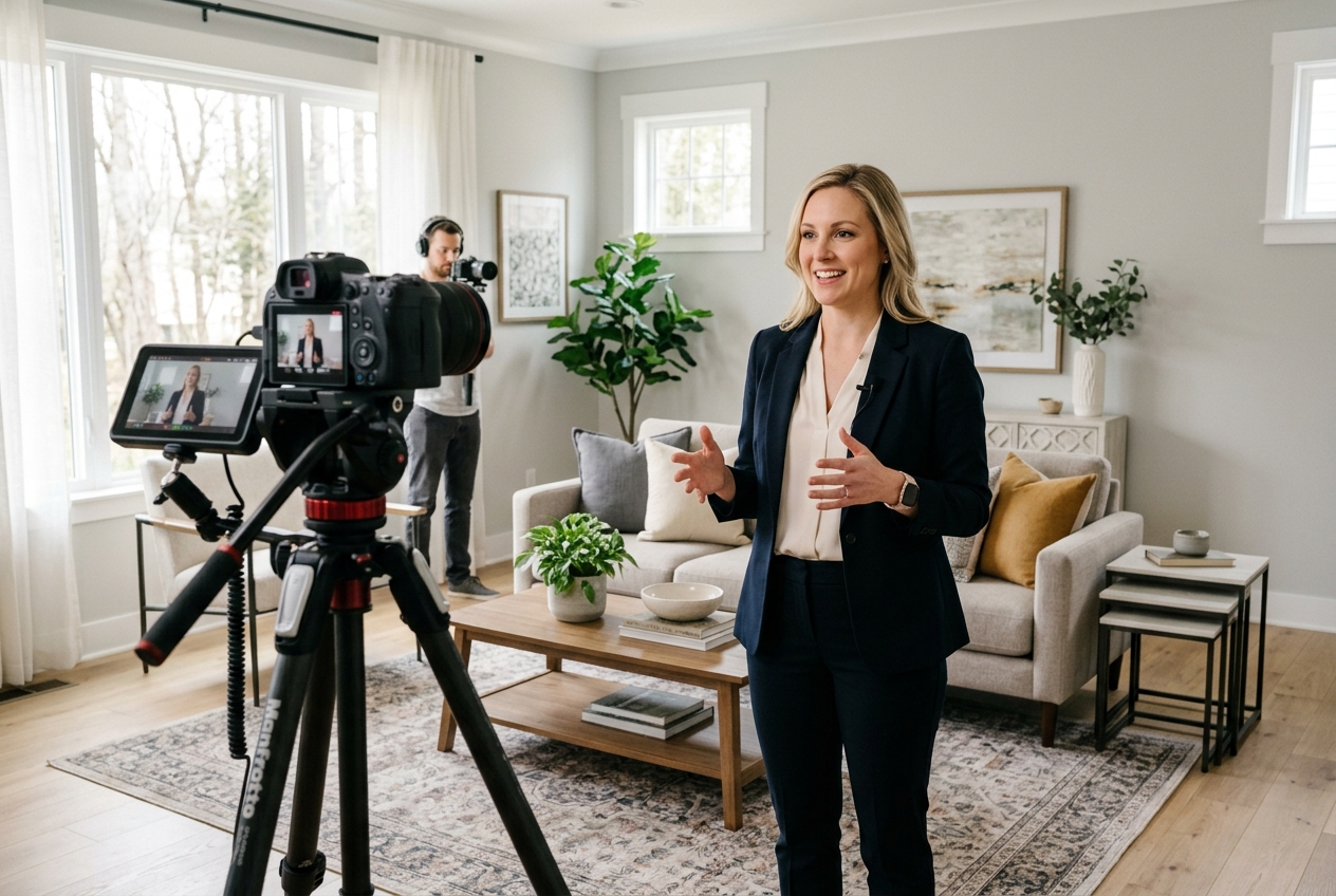 Real Estate Videography: A Complete Guide for Agents — agent with lapel mic on camera during a home video shoot