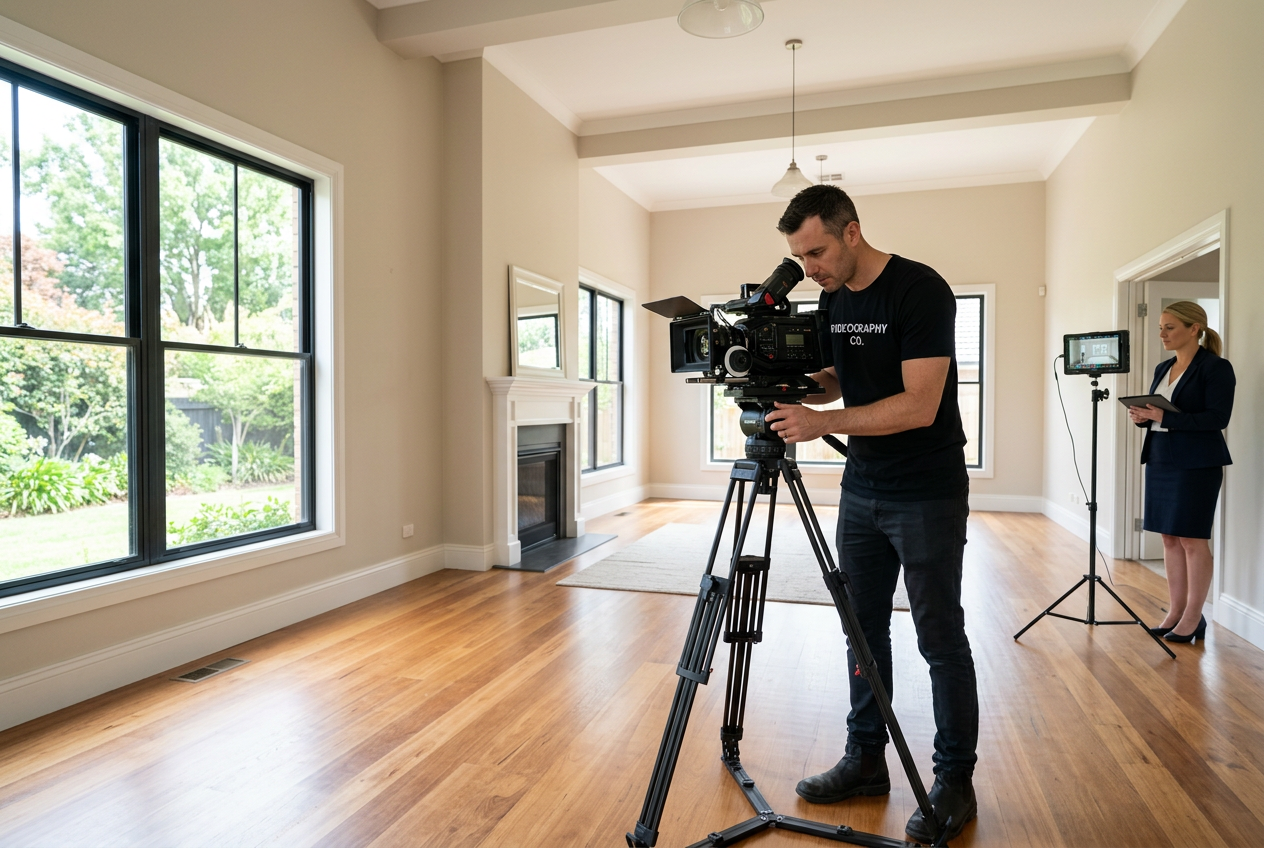 Videographer filming vacant living room — Real Estate Videography: A Complete Guide for Agents on a professional shoot