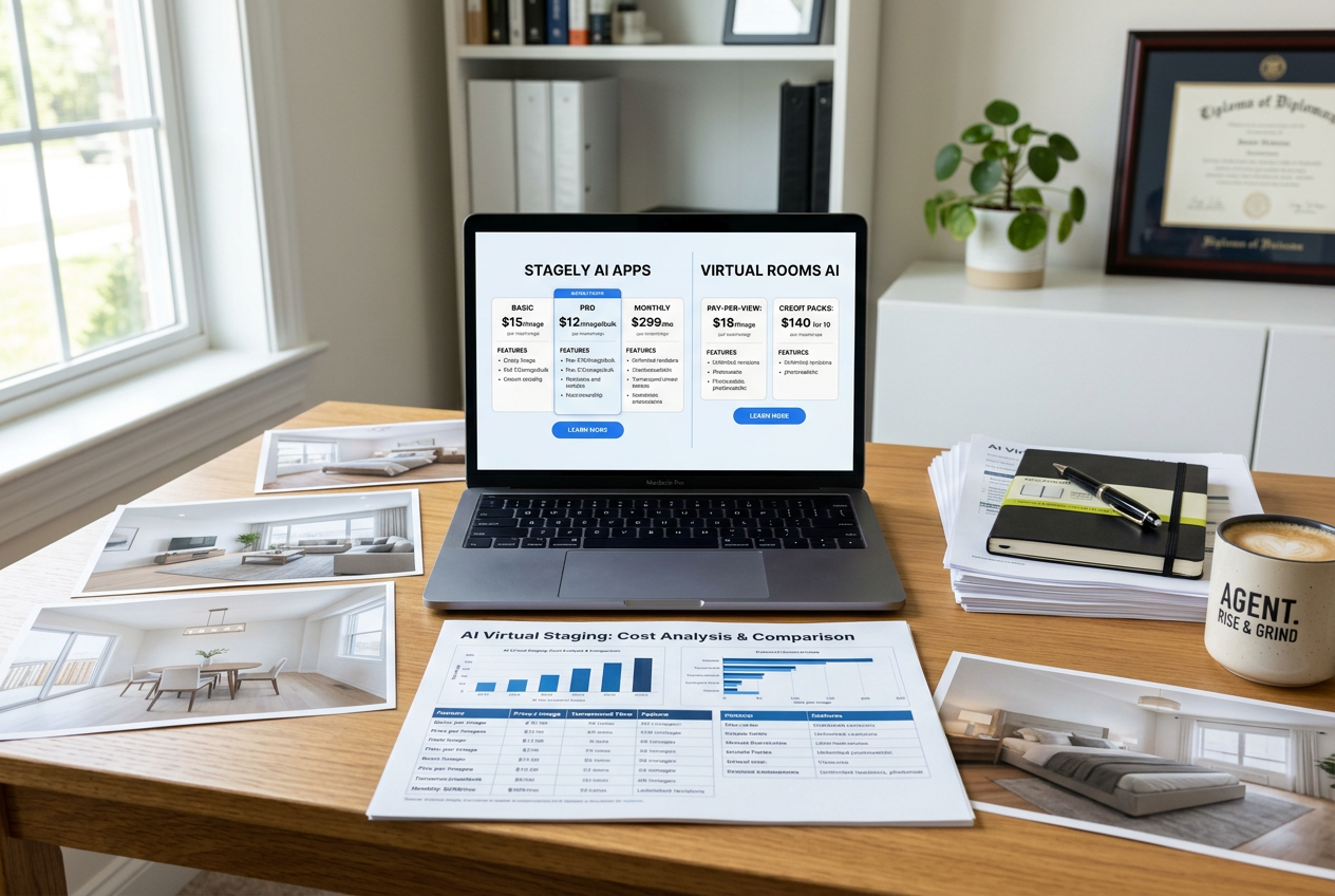 Desk with laptop showing SofaBrain vs AI HomeDesign per-image pricing comparison and printed listing photos