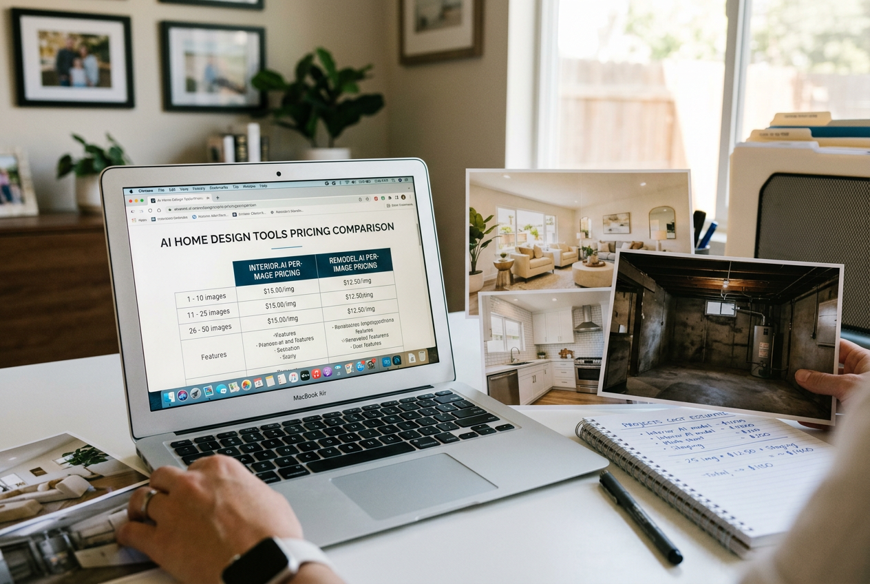 Laptop showing per-image pricing table in SofaBrain vs AI HomeDesign comparison, with listing photos and cost notes on a real estate desk.