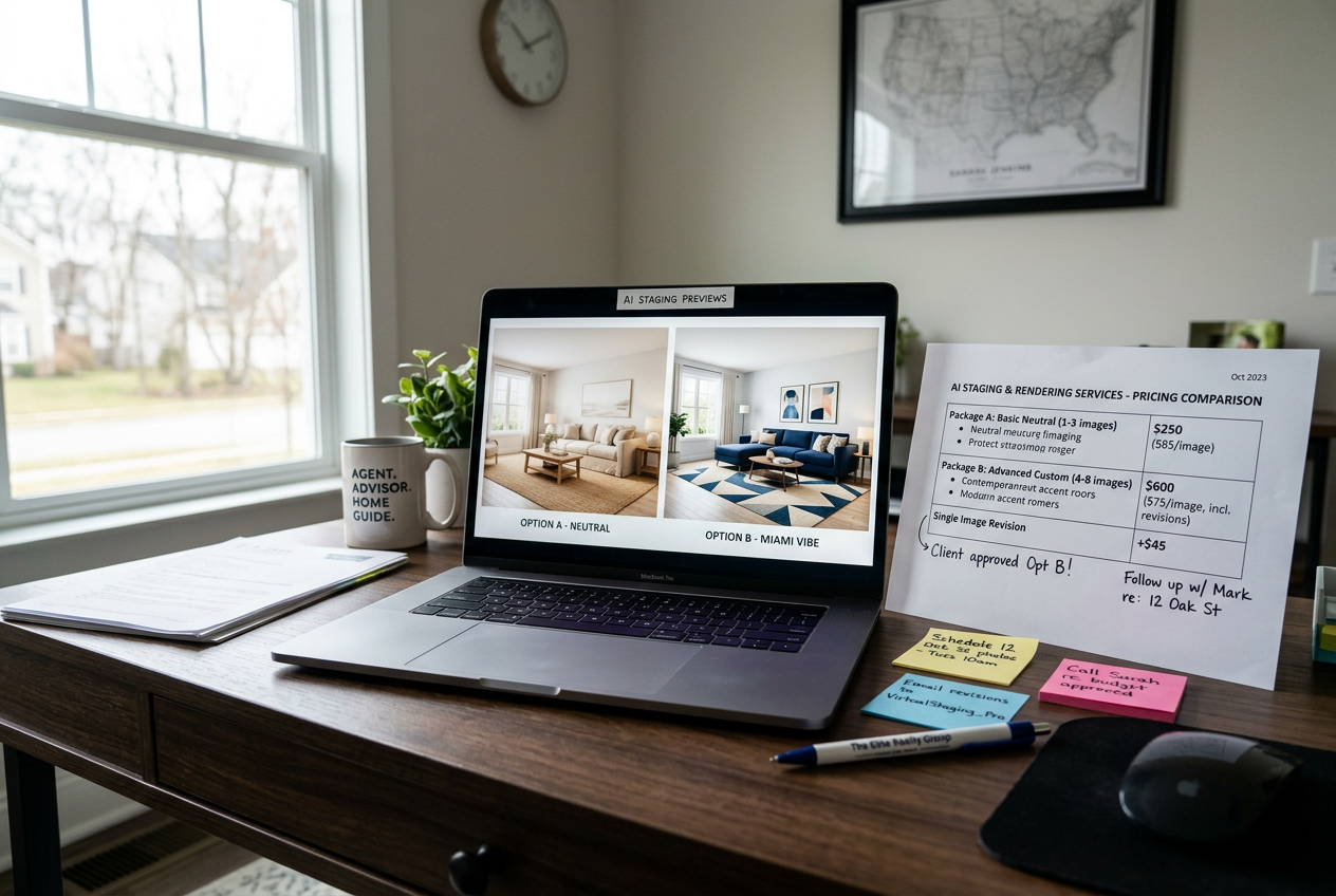 Laptop showing AI staging renders beside a per-image pricing sheet — SofaBrain vs AI HomeDesign comparison for agents
