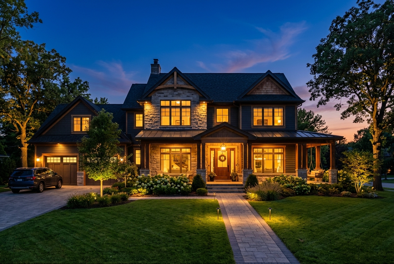 Twilight Real Estate Photography hero exterior shot capturing the blue-hour window just after sunset with warm interior lights glowing
