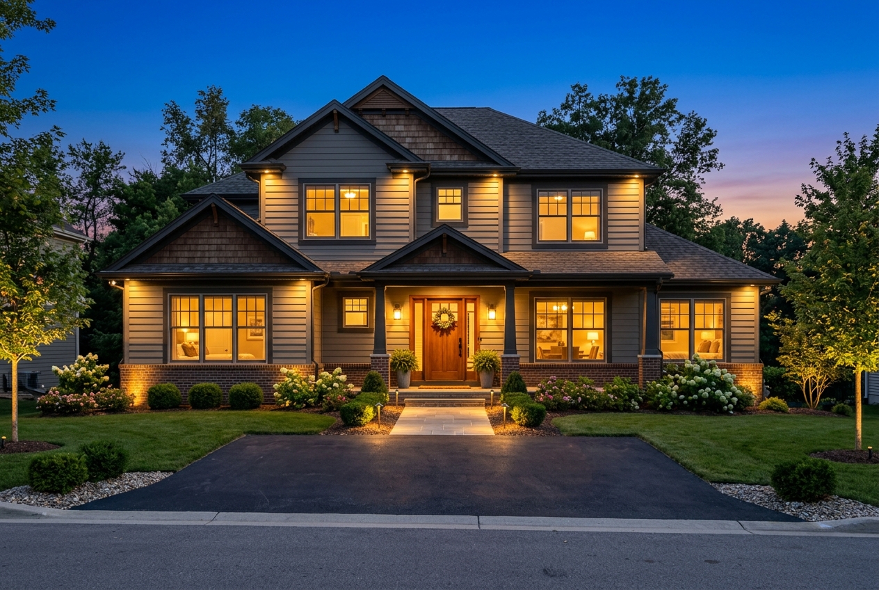 Twilight real estate photography of a home with all interior and exterior lights on, clean driveway, blue-hour sky.