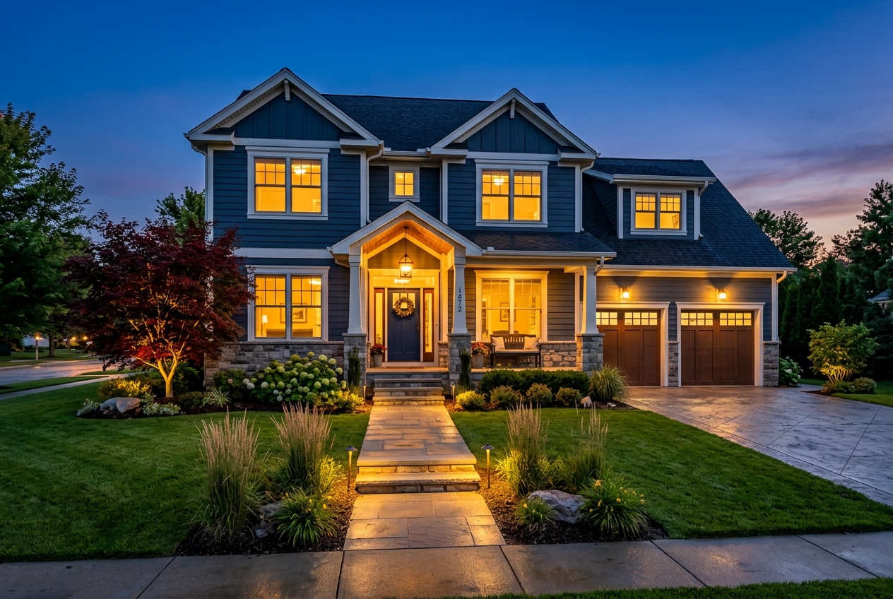 Twilight Real Estate Photography: How to Shoot It (and Fake It) — warm window glow against a deep blue dusk sky