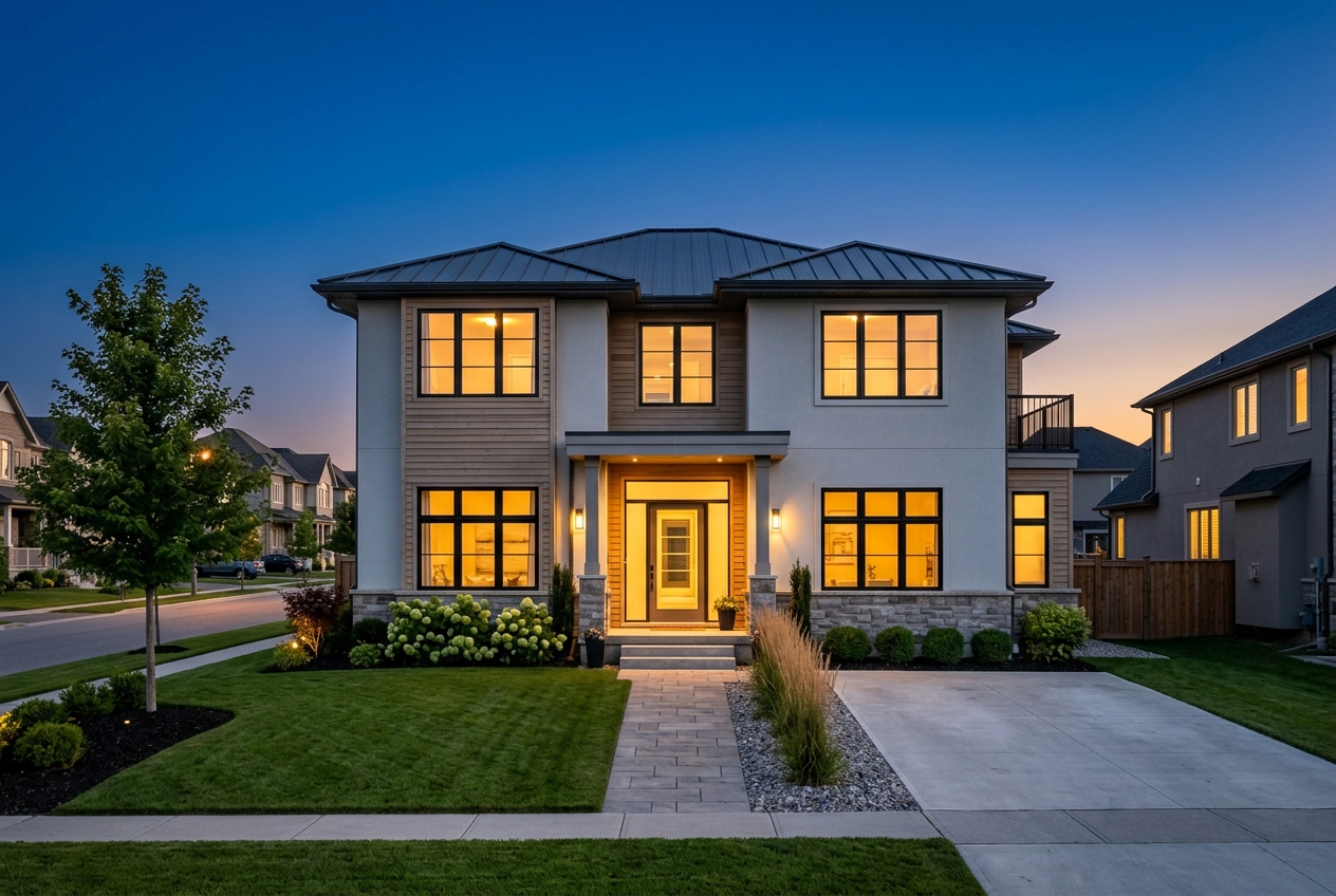 Twilight real estate photography of a home exterior with glowing windows and blue-hour sky, shot vs. AI virtual dusk