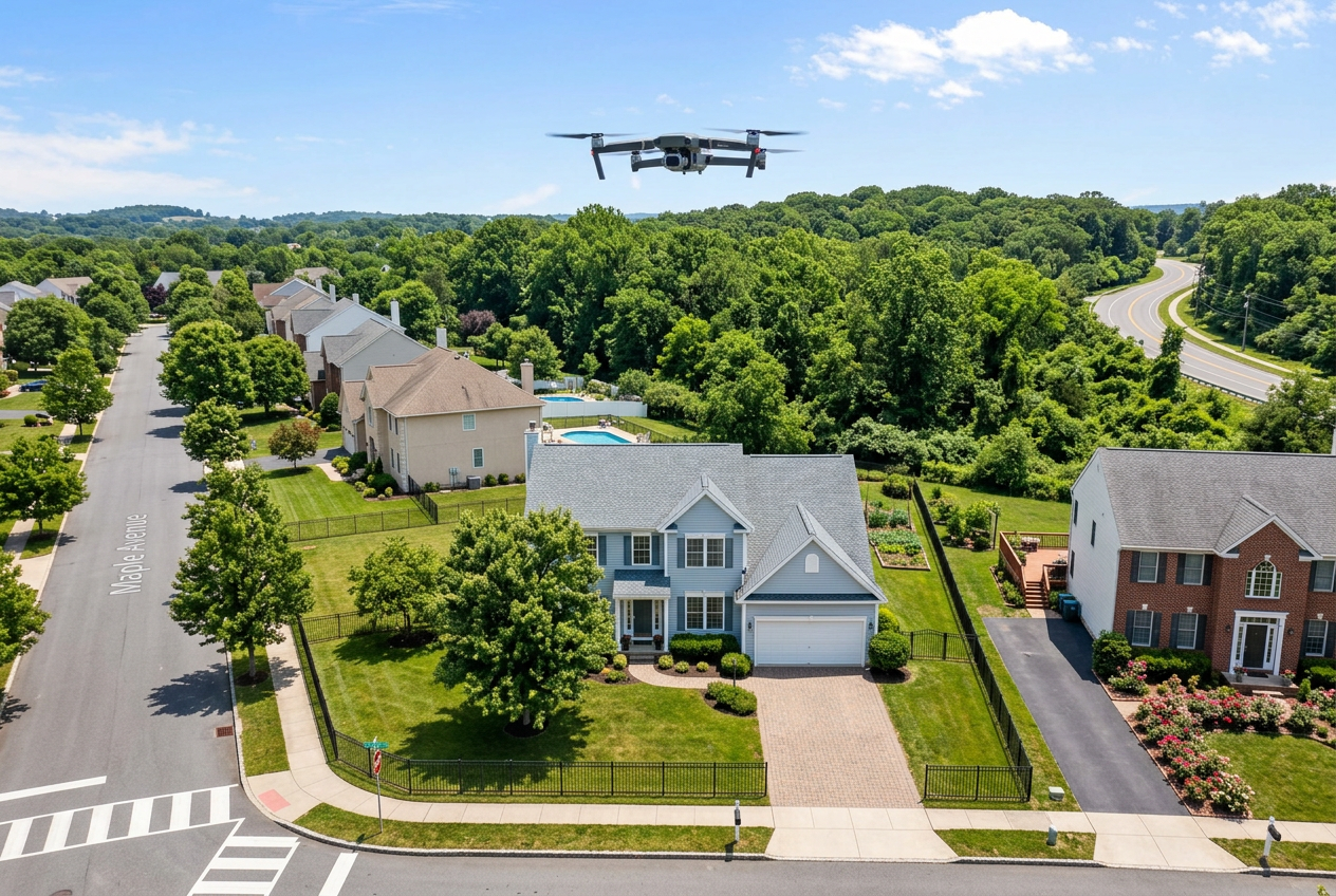 Drone hovering over a residential property lot — Aerial & Drone Real Estate Photos: Rules, Gear & Tips for professionals