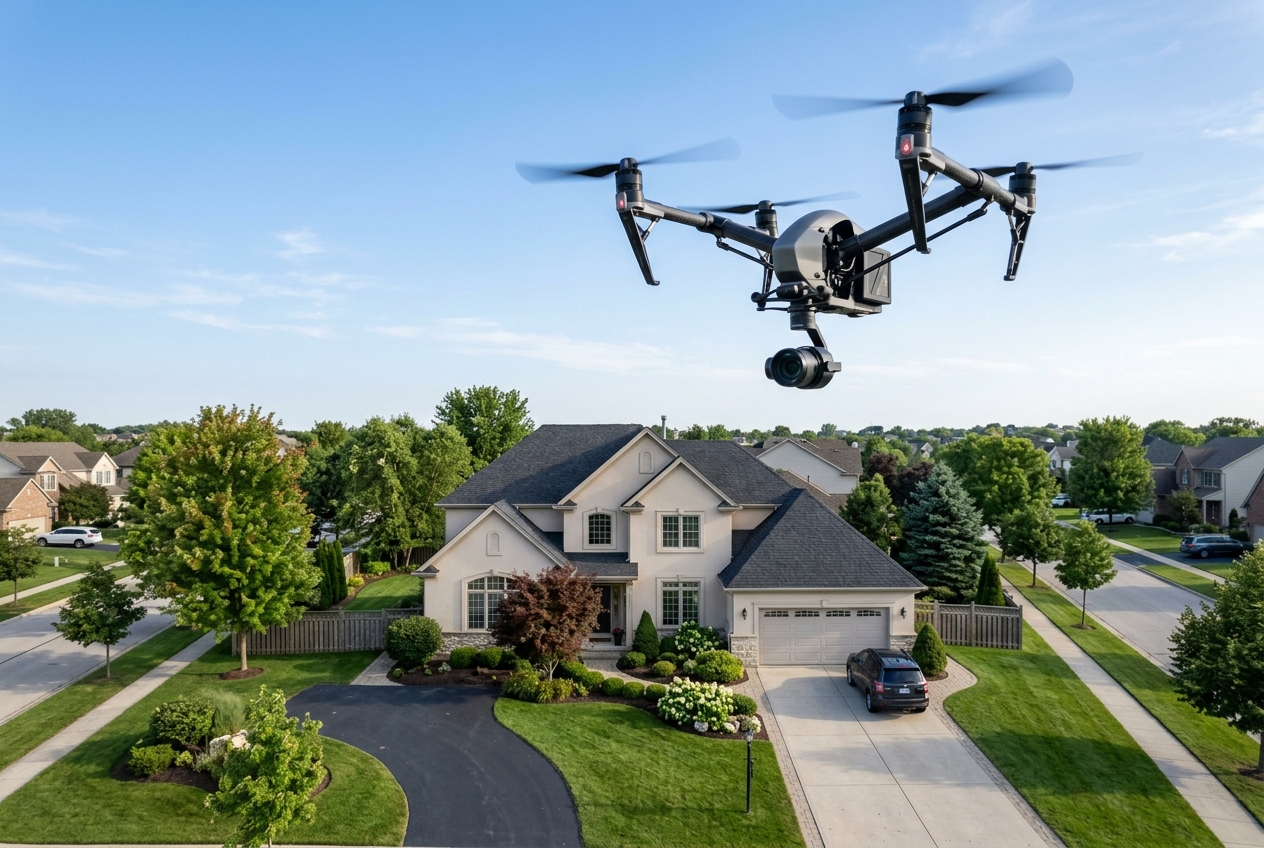 Camera drone flying above a suburban home for aerial & drone real estate photos with gear and property visible