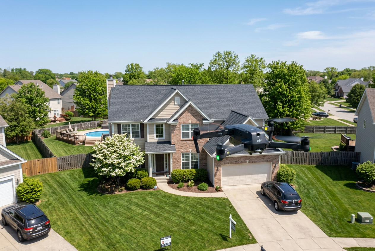 Aerial & Drone Real Estate Photos: Rules, Gear & Tips — compact drone hovering over a suburban home listing