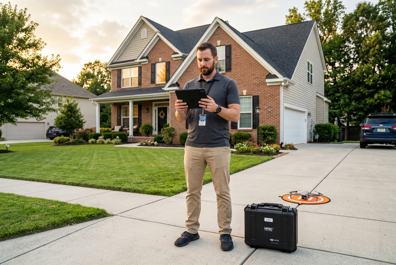 Drone pilot reviewing a shot plan on-site — part of a full guide to Aerial & Drone Real Estate Photos: Rules, Gear & Tips