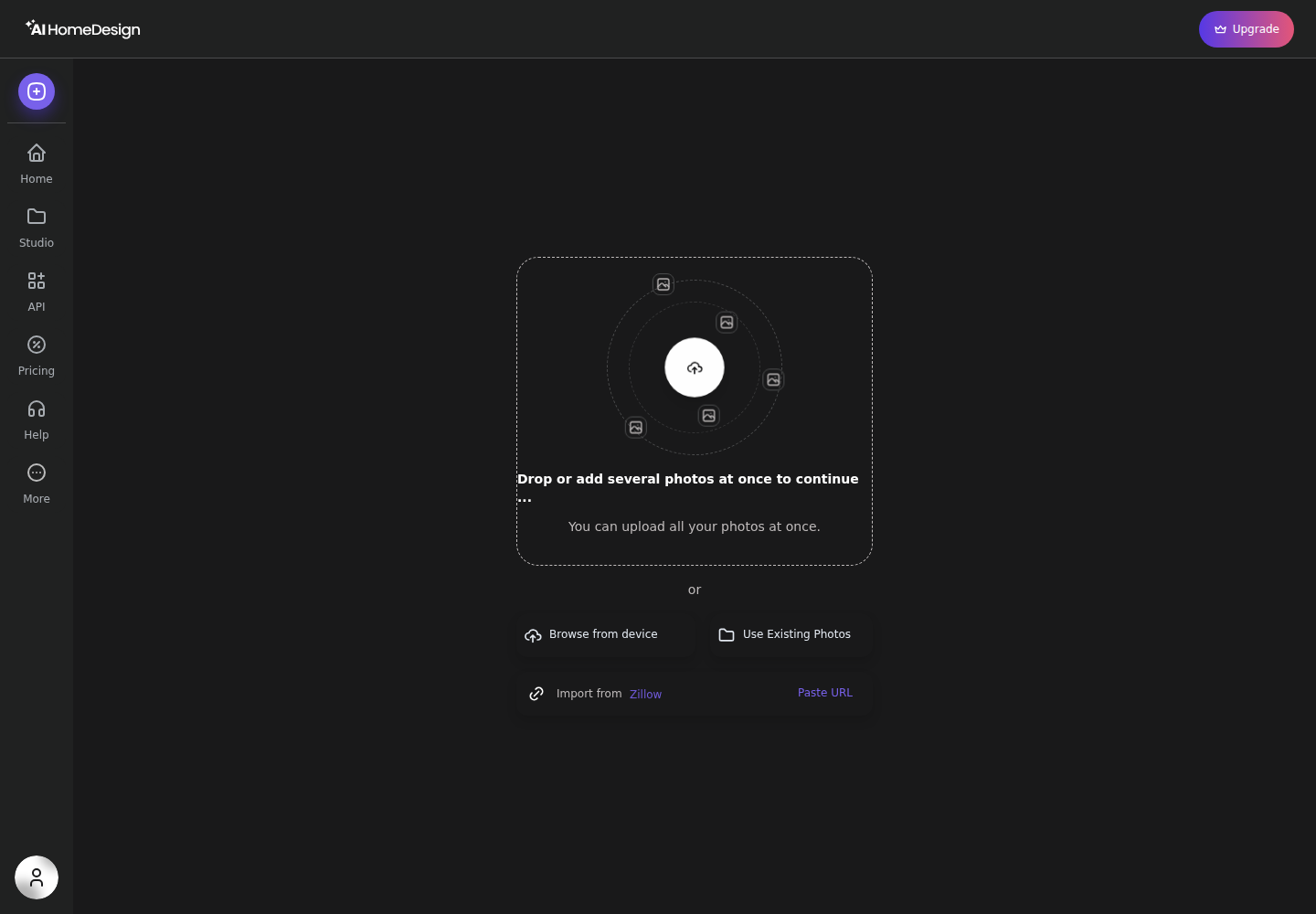 AI HomeDesign upload screen: drag and drop, browse, existing photos, or Zillow import