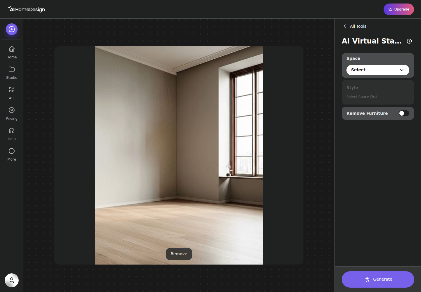 The AI HomeDesign editor with tool options in the right panel