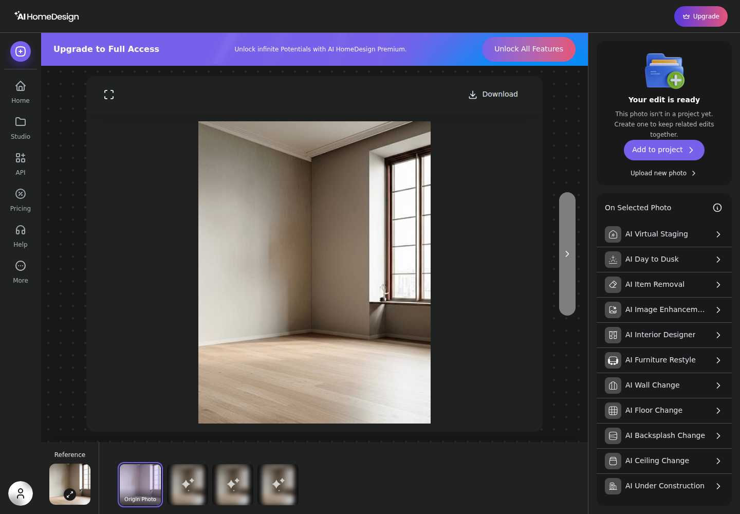 AI HomeDesign product screenshot: AI HomeDesign generating a virtual staging render