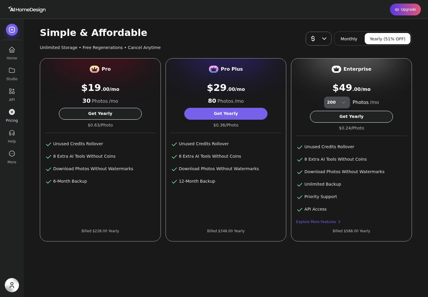 AI HomeDesign yearly pricing: Pro $19, Pro Plus $29, Enterprise $49 per month billed yearly