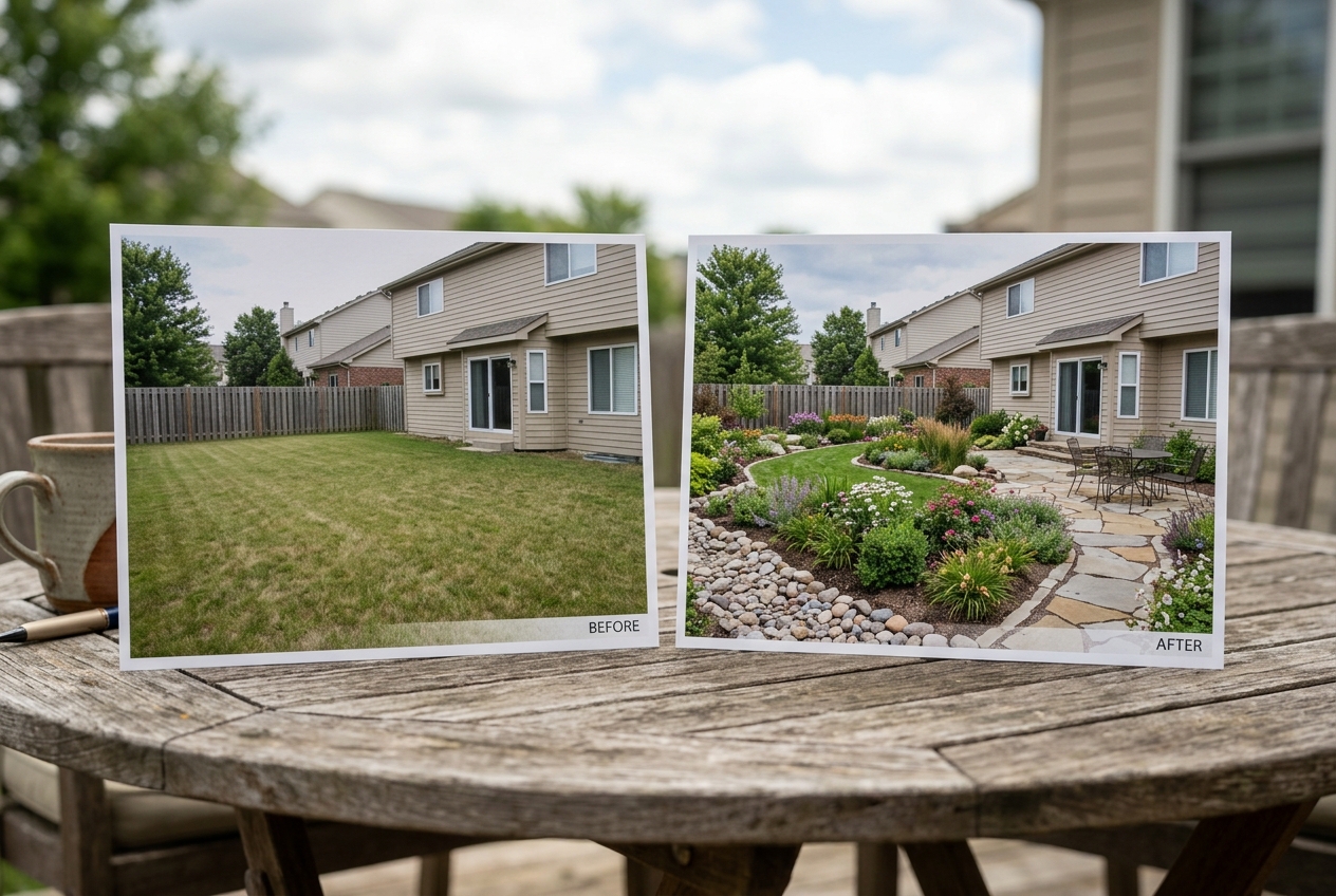 Before-and-after printed comparison showing ai backyard design transformation with planting beds and hardscape added