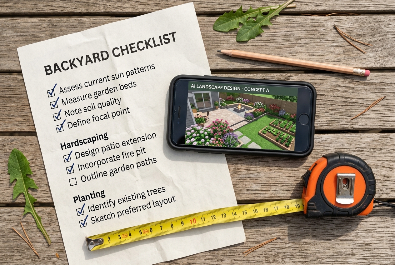 Printed photo checklist and smartphone with backyard photo for ai backyard design planning on an outdoor table