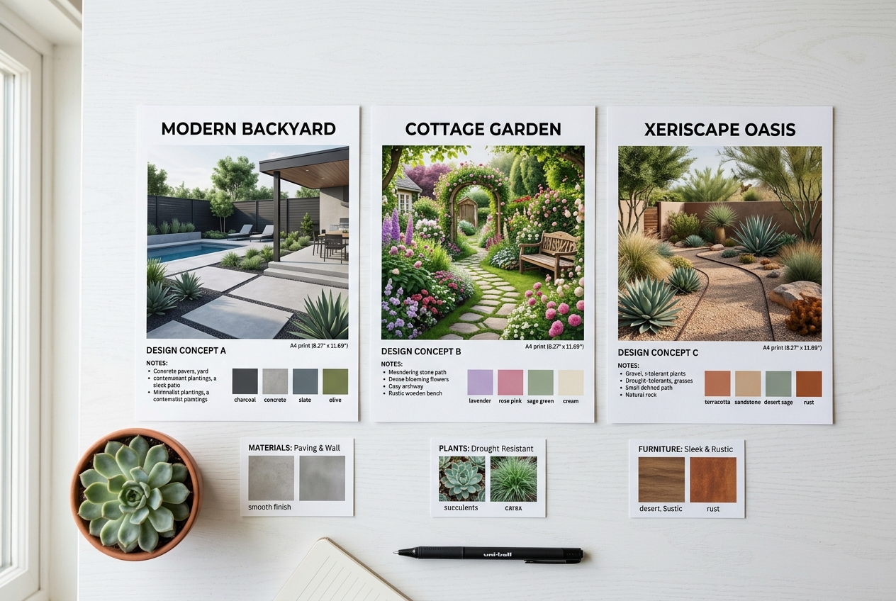 Printed ai backyard design concept sheets compared side by side on a table for tool selection