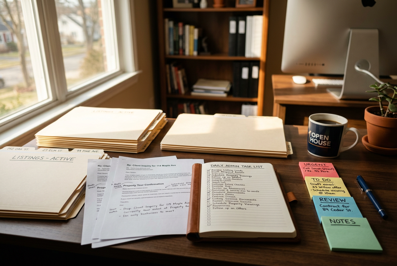 Organized real estate agent desk with sorted listing folders and draft notes — What an 'AI Realtor' Really Does: Agent Assistants Explained