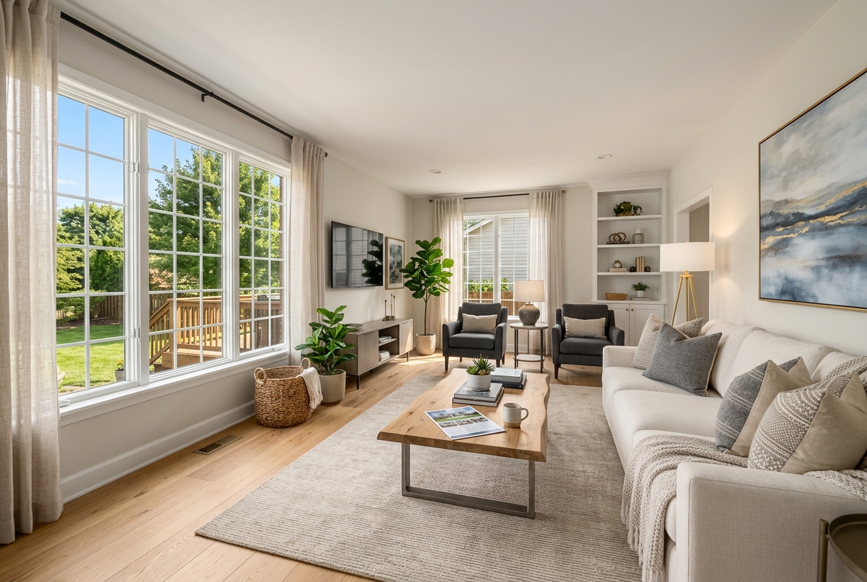 Staged living room ready for listing photos, showing what an 'AI Realtor' agent assistant helps prepare for market