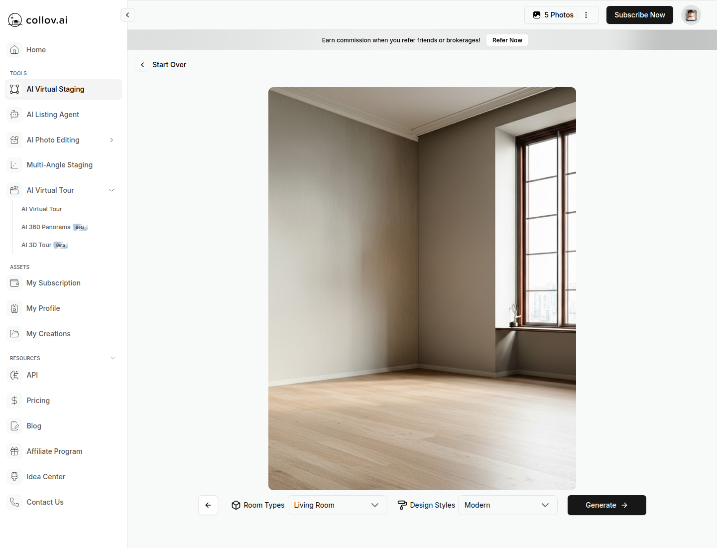 The Collov AI editor: photo on canvas, room type and design style bar underneath