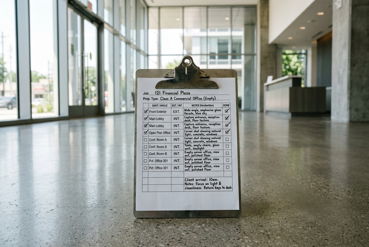 Printed shot list on a clipboard inside a commercial office lobby — commercial real estate photography planning tool on location.