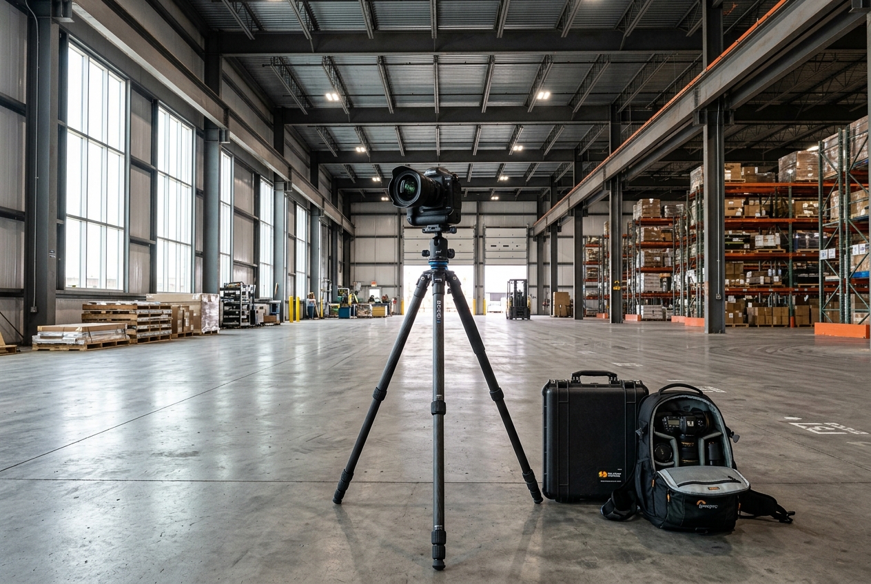 Camera on tripod inside a large commercial warehouse bay for commercial real estate photography
