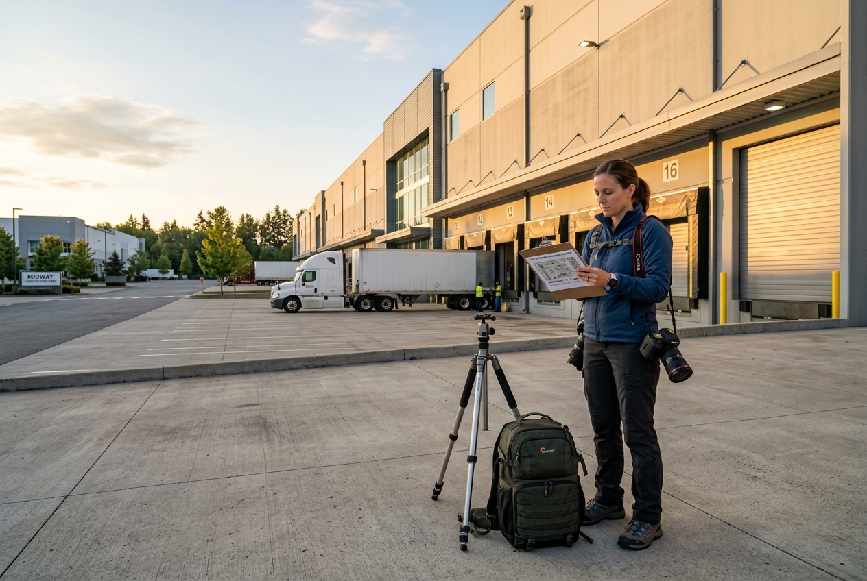 Photographer planning a shoot route at a large commercial property site — commercial real estate photography logistics in action