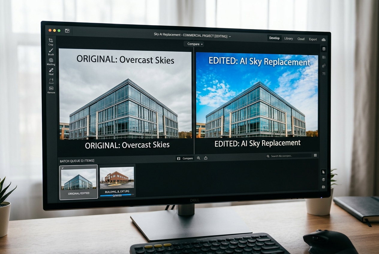 Editing monitor showing automated sky replacement on a commercial real estate photography batch job