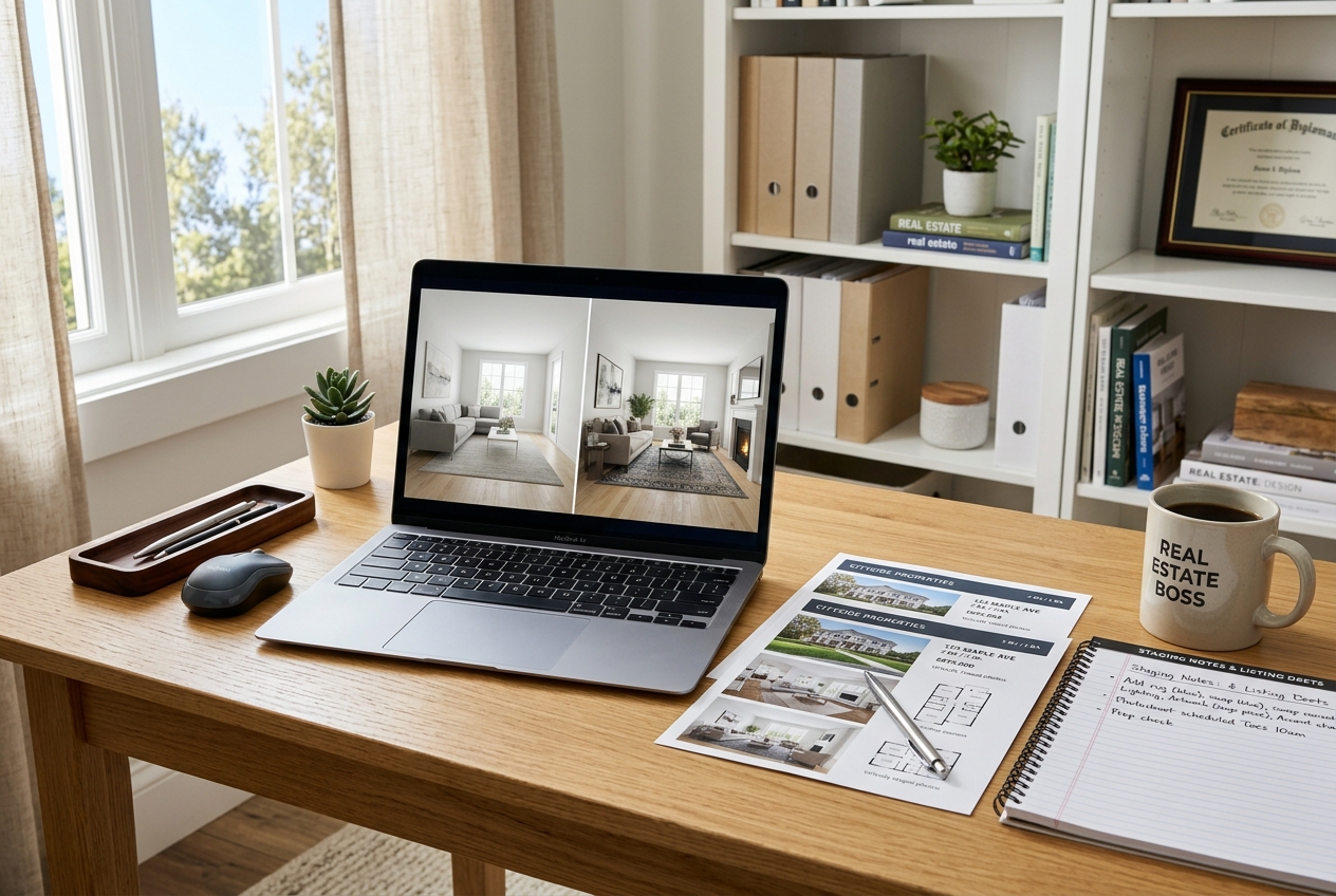 Laptop showing virtual staging comparison for Coohom vs AI HomeDesign: Best for Real Estate Staging workflow