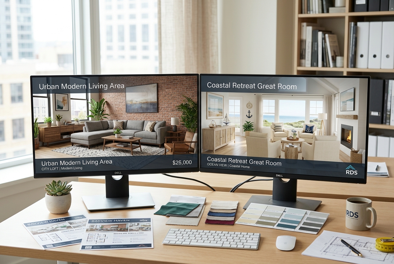 Two monitors showing 3D staging renders side by side — Coohom vs AI HomeDesign: Best for Real Estate Staging?